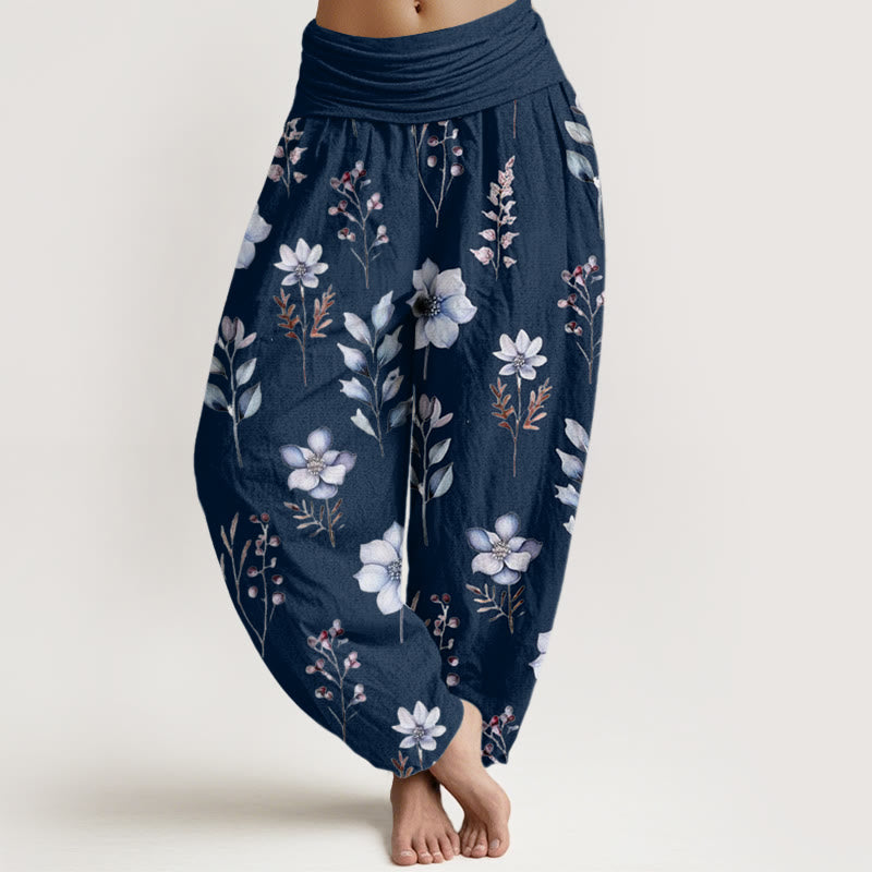 Pantalon sarouel décontracté à taille élastique pour femme, motif floral délicat et feuilles, motif Buddha Stones - Bleu nuit - US22，UK/AU26，EU54 (6XL) - image 5