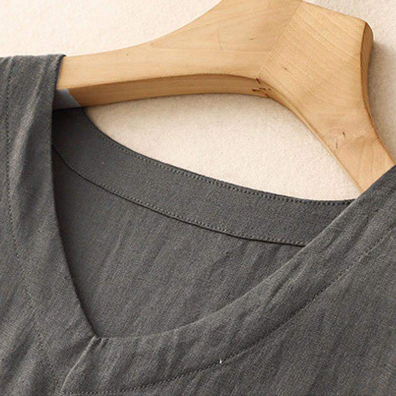 Robe mi-longue décontractée en coton et lin avec poches, motif Buddha Stones, couleur unie, design simple, taille haute, manches courtes - image 9