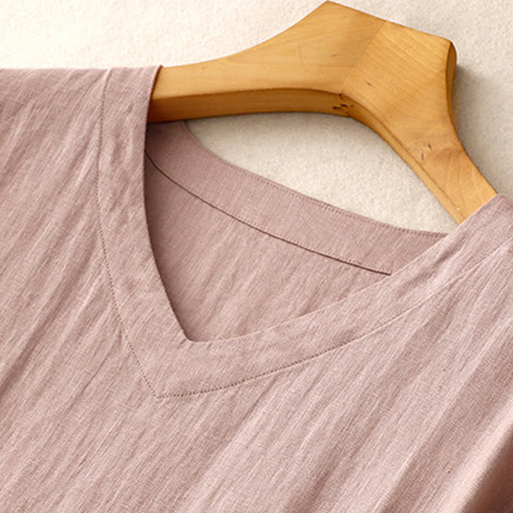 Robe mi-longue décontractée en coton et lin avec poches, motif Buddha Stones, couleur unie, design simple, taille haute, manches courtes - image 15