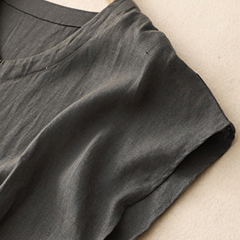 Robe mi-longue décontractée en coton et lin avec poches, motif Buddha Stones, couleur unie, design simple, taille haute, manches courtes - image 10