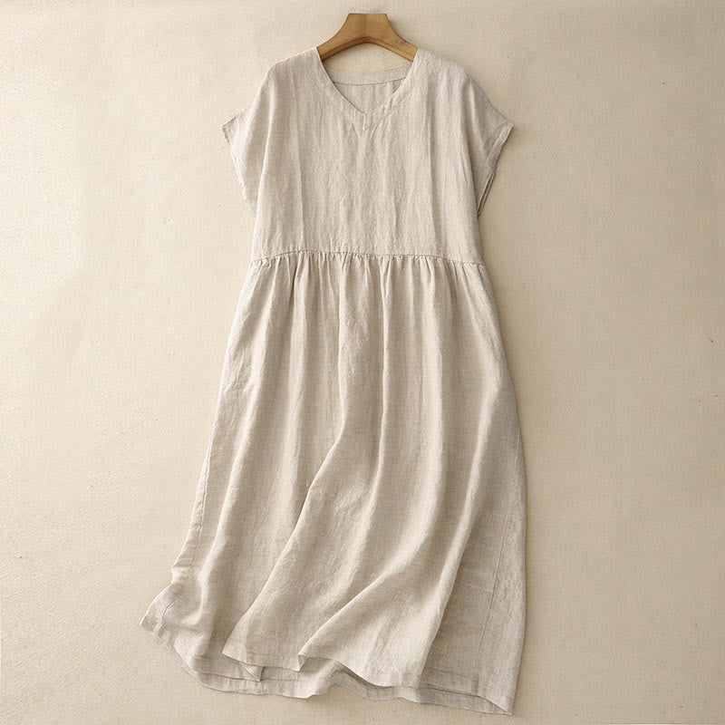 Robe mi-longue décontractée en coton et lin avec poches, motif Buddha Stones, couleur unie, design simple, taille haute, manches courtes - Lin - US8-10，UK/AU12-14，EU40-42 (2XL) - image 1