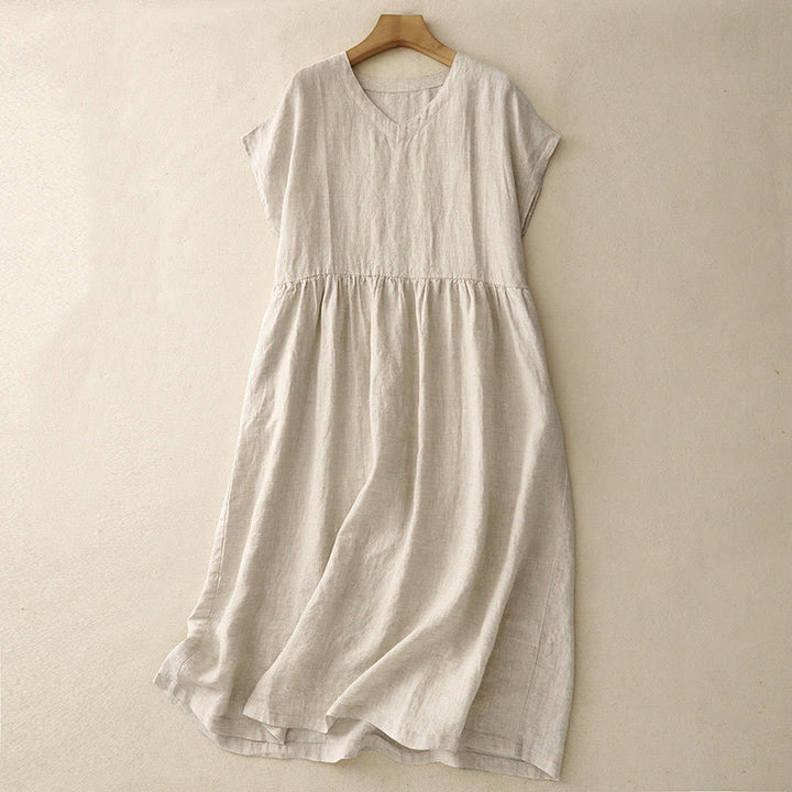Robe mi-longue décontractée en coton et lin avec poches, motif Buddha Stones, couleur unie, design simple, taille haute, manches courtes - Lin - US8-10，UK/AU12-14，EU40-42 (2XL) - image 1