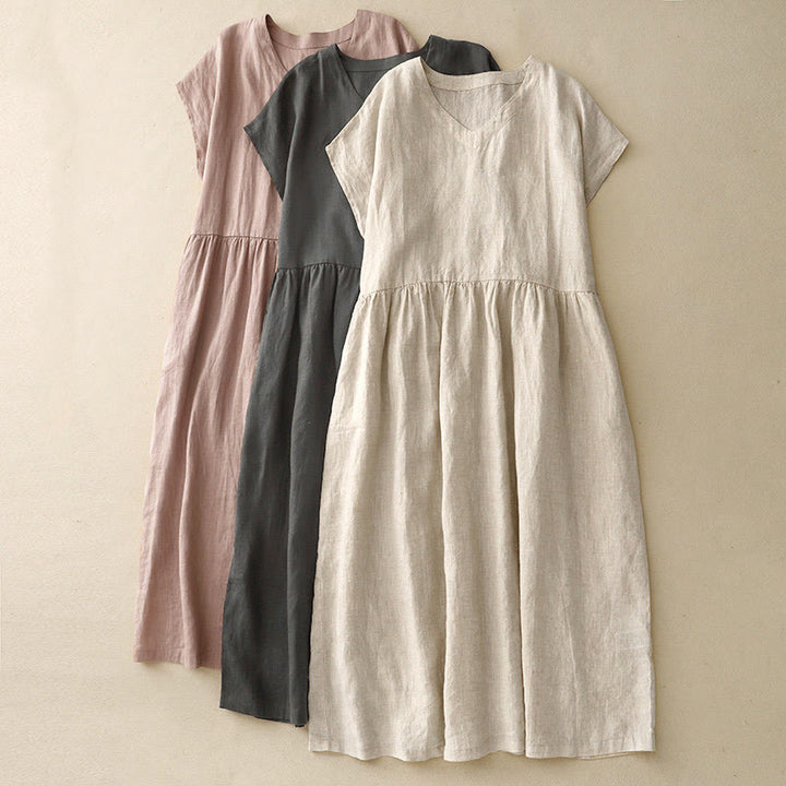 Robe mi-longue décontractée en coton et lin avec poches, motif Buddha Stones, couleur unie, design simple, taille haute, manches courtes - image 19