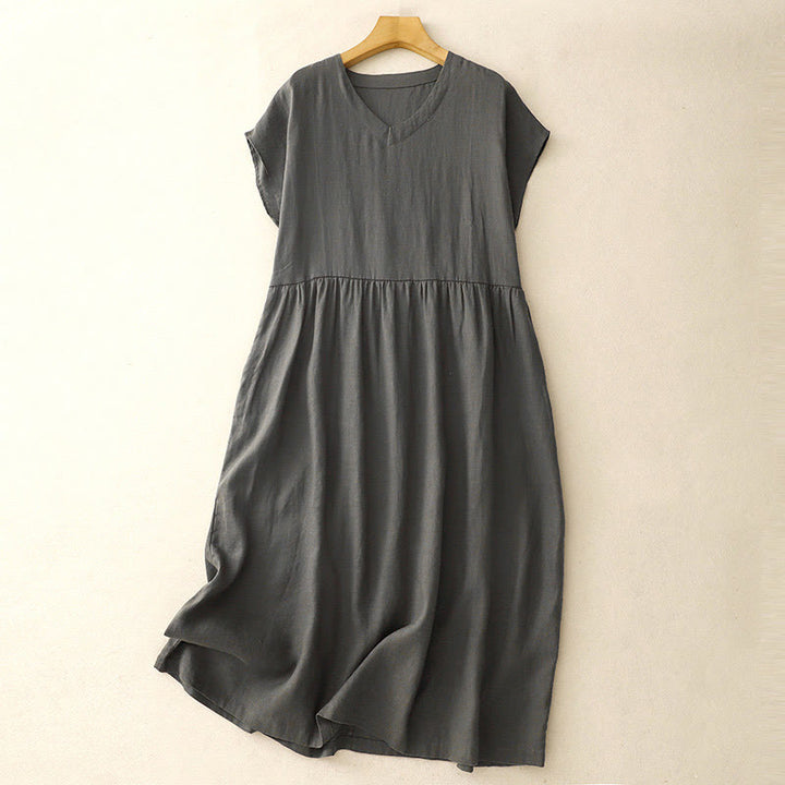 Robe mi-longue décontractée en coton et lin avec poches, motif Buddha Stones, couleur unie, design simple, taille haute, manches courtes - Gris ardoise - US8-10，UK/AU12-14，EU40-42 (2XL) - image 8