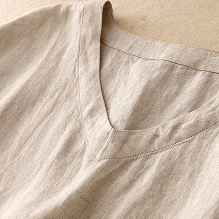 Robe mi-longue décontractée en coton et lin avec poches, motif Buddha Stones, couleur unie, design simple, taille haute, manches courtes - image 2