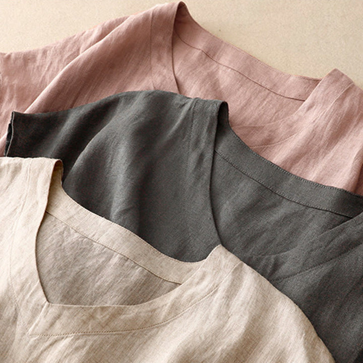 Robe mi-longue décontractée en coton et lin avec poches, motif Buddha Stones, couleur unie, design simple, taille haute, manches courtes - image 20