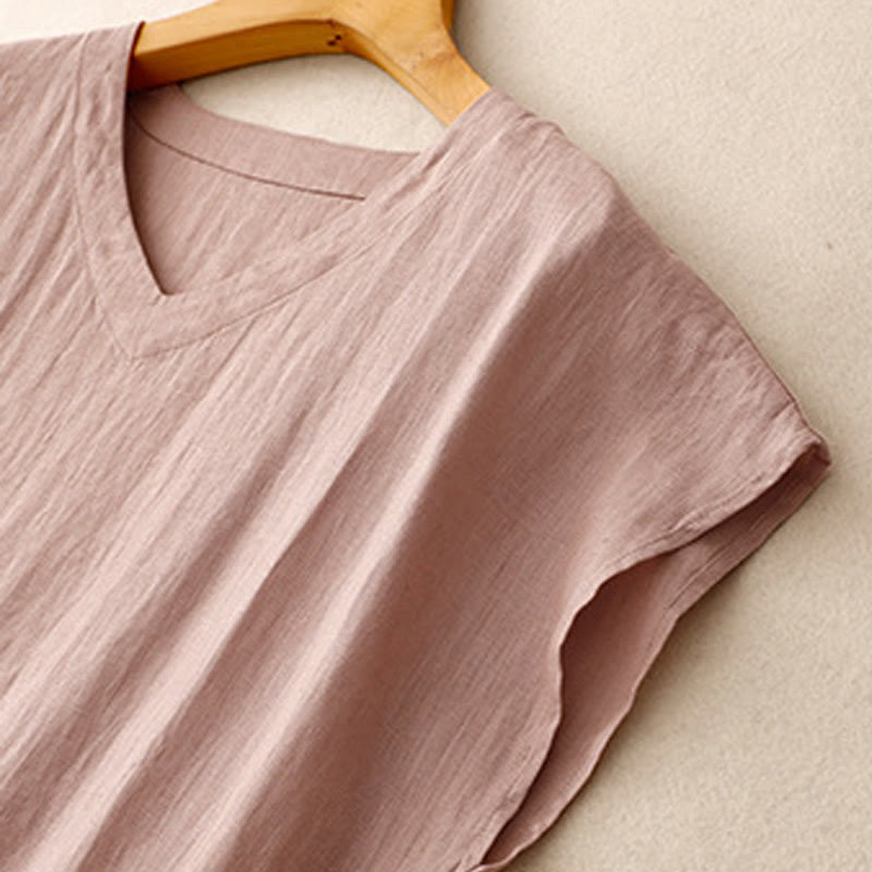 Robe mi-longue décontractée en coton et lin avec poches, motif Buddha Stones, couleur unie, design simple, taille haute, manches courtes - image 16