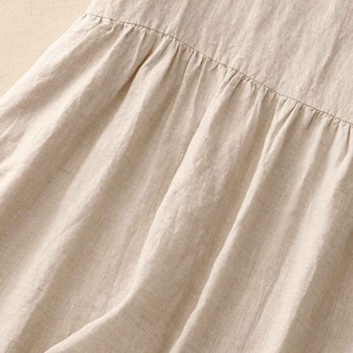 Robe mi-longue décontractée en coton et lin avec poches, motif Buddha Stones, couleur unie, design simple, taille haute, manches courtes - image 4