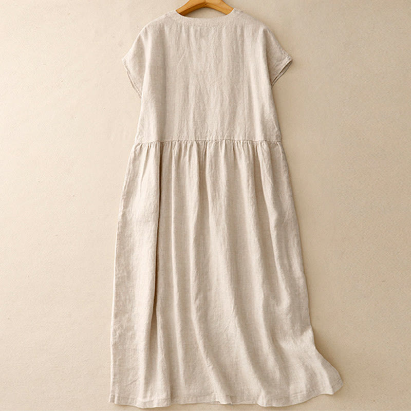 Robe mi-longue décontractée en coton et lin avec poches, motif Buddha Stones, couleur unie, design simple, taille haute, manches courtes - image 1