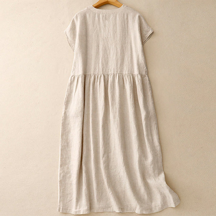 Robe mi-longue décontractée en coton et lin avec poches, motif Buddha Stones, couleur unie, design simple, taille haute, manches courtes - image 1