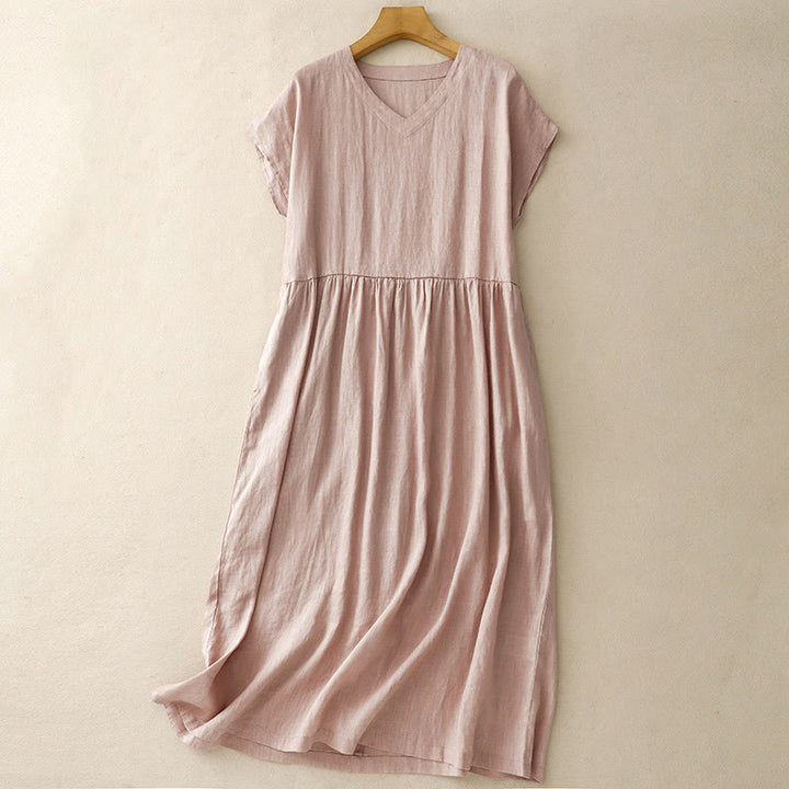 Robe mi-longue décontractée en coton et lin avec poches, motif Buddha Stones, couleur unie, design simple, taille haute, manches courtes - Rose - US8-10，UK/AU12-14，EU40-42 (2XL) - image 14