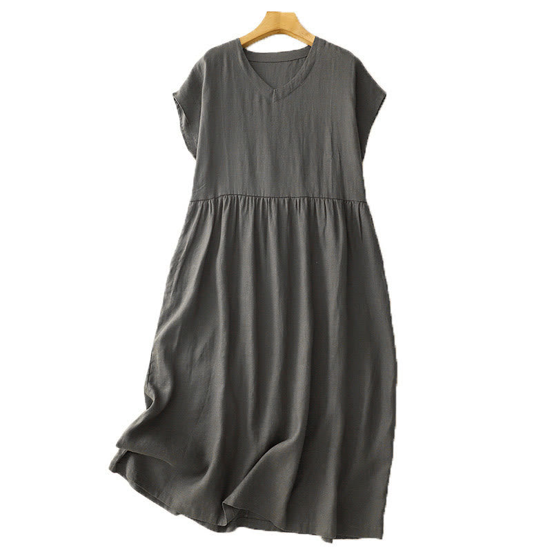 Robe mi-longue décontractée en coton et lin avec poches, motif Buddha Stones, couleur unie, design simple, taille haute, manches courtes - image 13