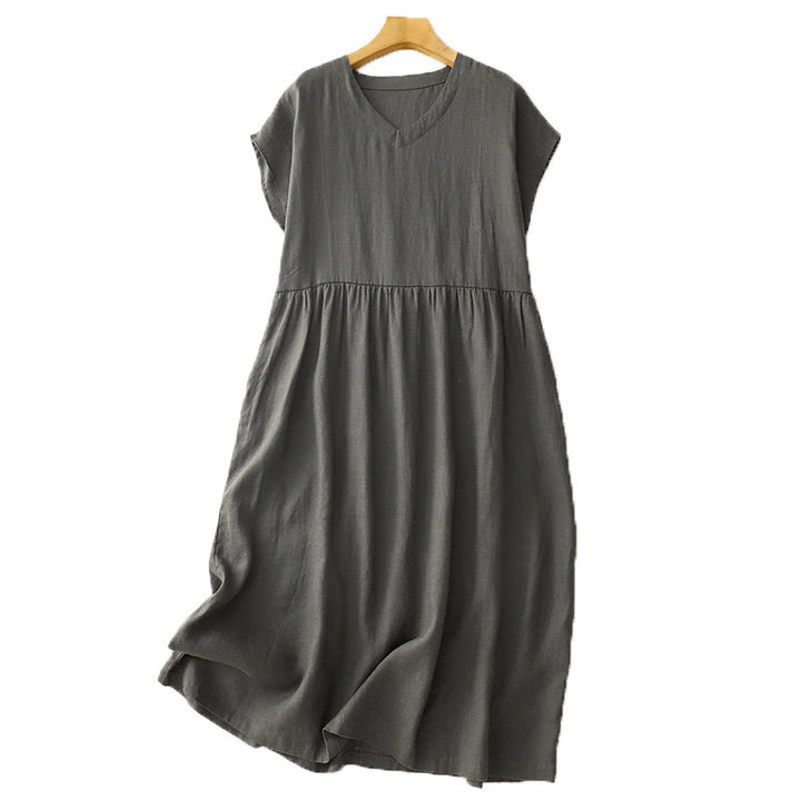Robe mi-longue décontractée en coton et lin avec poches, motif Buddha Stones, couleur unie, design simple, taille haute, manches courtes - image 13
