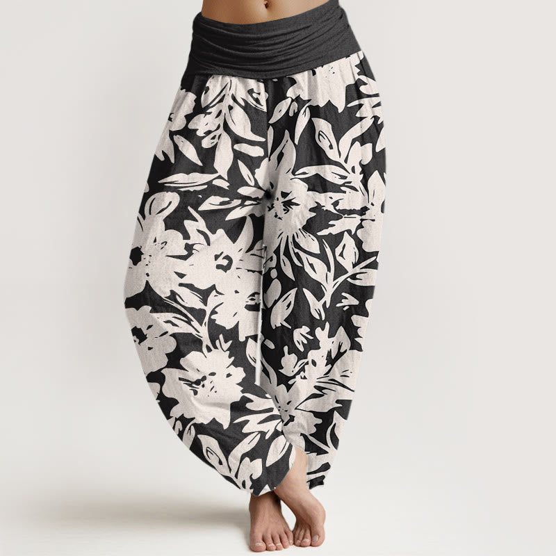 Pantalon sarouel décontracté à taille élastique pour femme, motif Buddha Stones, grandes fleurs et feuillage luxuriant - Noir - US22，UK/AU26，EU54 (6XL) - image 1