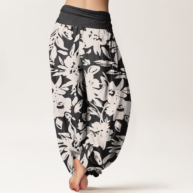 Pantalon sarouel décontracté à taille élastique pour femme, motif Buddha Stones, grandes fleurs et feuillage luxuriant - image 3