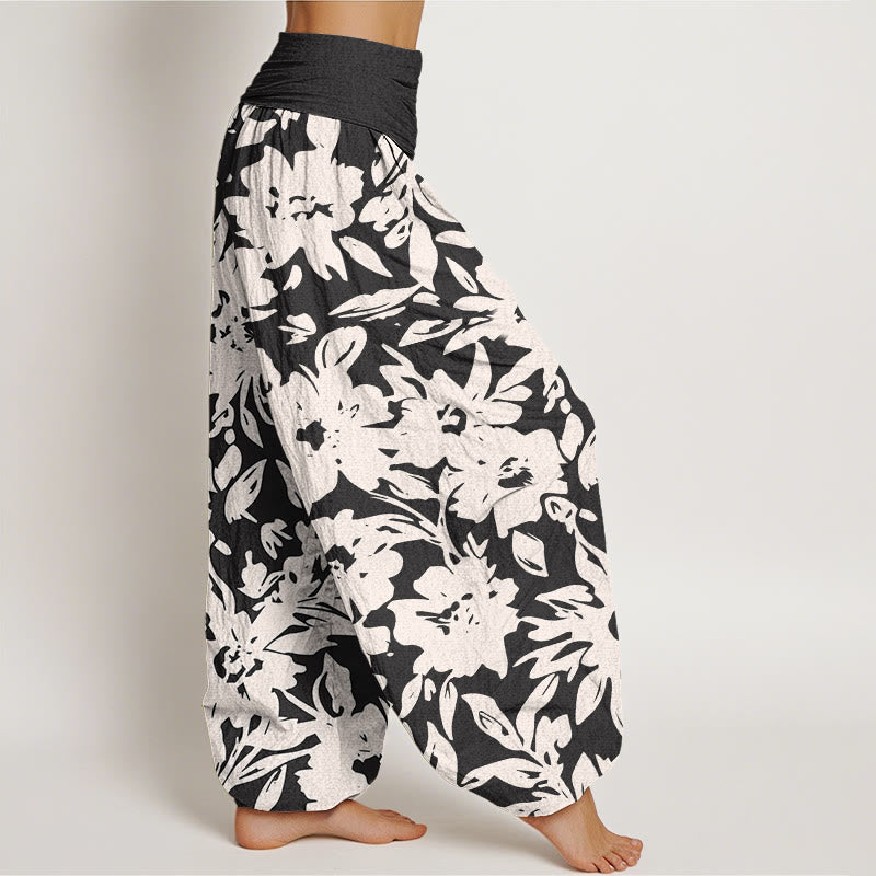 Pantalon sarouel décontracté à taille élastique pour femme, motif Buddha Stones, grandes fleurs et feuillage luxuriant - image 2