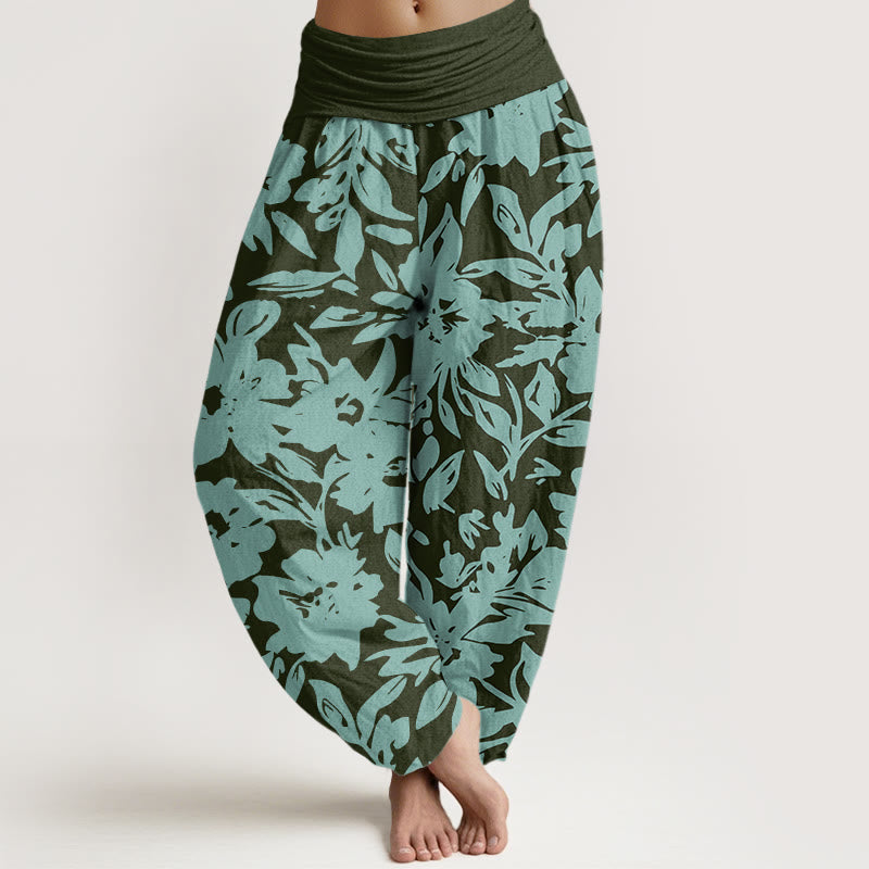 Pantalon sarouel décontracté à taille élastique pour femme, motif Buddha Stones, grandes fleurs et feuillage luxuriant - Gris ardoise foncé - US22，UK/AU26，EU54 (6XL) - image 5