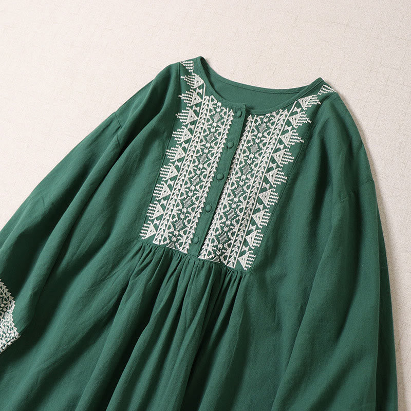 Robe mi-longue décontractée en coton et lin avec broderie géométrique artistique et boutons sur le devant, manches longues lanternes - image 1