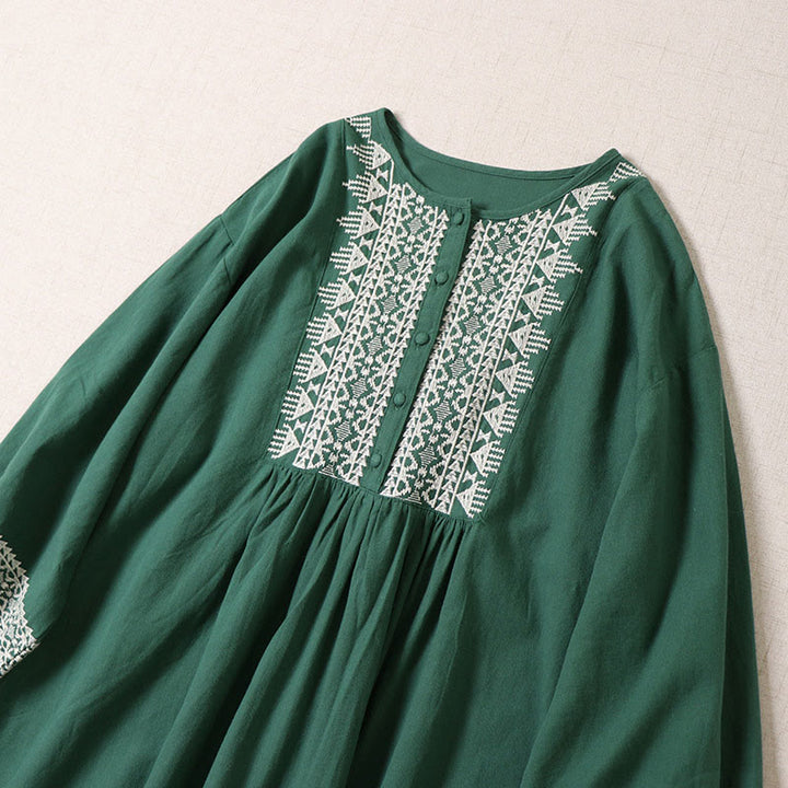 Robe mi-longue décontractée en coton et lin avec broderie géométrique artistique et boutons sur le devant, manches longues lanternes - image 1