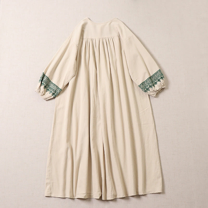 Robe mi-longue décontractée en coton et lin avec broderie géométrique artistique et boutons sur le devant, manches longues lanternes - image 8