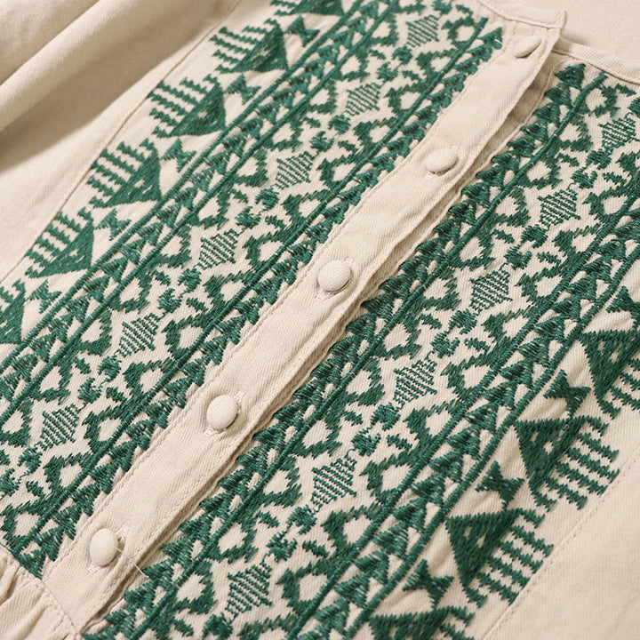 Robe mi-longue décontractée en coton et lin avec broderie géométrique artistique et boutons sur le devant, manches longues lanternes - image 15