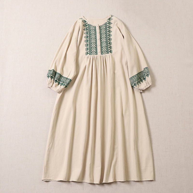 Robe mi-longue décontractée en coton et lin avec broderie géométrique artistique et boutons sur le devant, manches longues lanternes - Beige - US8-10，UK/AU12-14，EU40-42 (2XL) - image 7