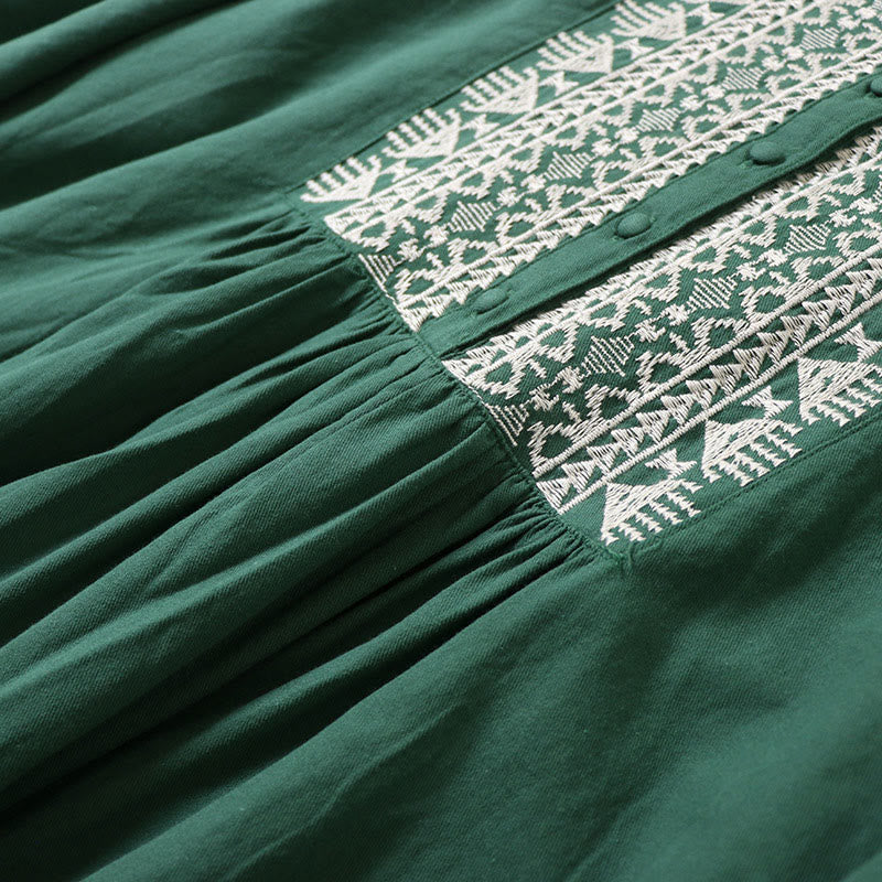 Robe mi-longue décontractée en coton et lin avec broderie géométrique artistique et boutons sur le devant, manches longues lanternes - image 4