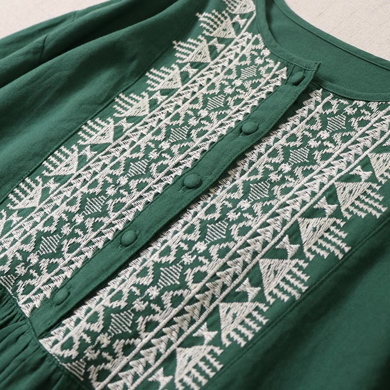 Robe mi-longue décontractée en coton et lin avec broderie géométrique artistique et boutons sur le devant, manches longues lanternes - image 2