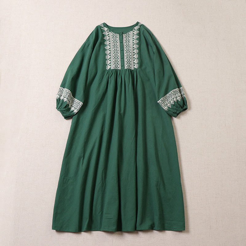 Robe mi-longue décontractée en coton et lin avec broderie géométrique artistique et boutons sur le devant, manches longues lanternes - Vert de mer - US8-10，UK/AU12-14，EU40-42 (2XL) - image 0