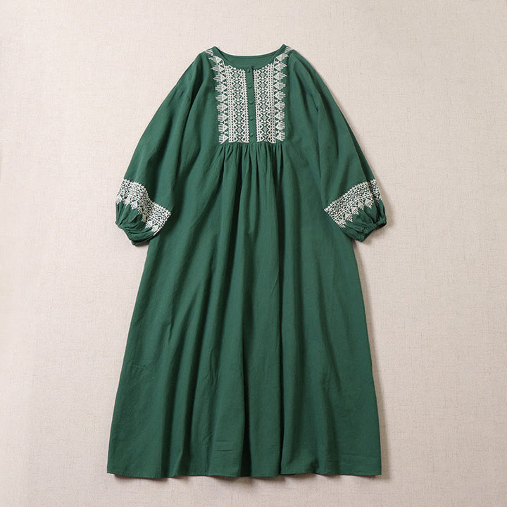 Robe mi-longue décontractée en coton et lin avec broderie géométrique artistique et boutons sur le devant, manches longues lanternes - Vert de mer - US8-10，UK/AU12-14，EU40-42 (2XL) - image 0