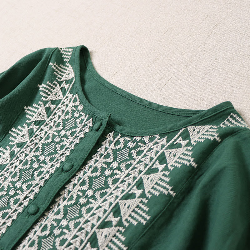 Robe mi-longue décontractée en coton et lin avec broderie géométrique artistique et boutons sur le devant, manches longues lanternes - image 3