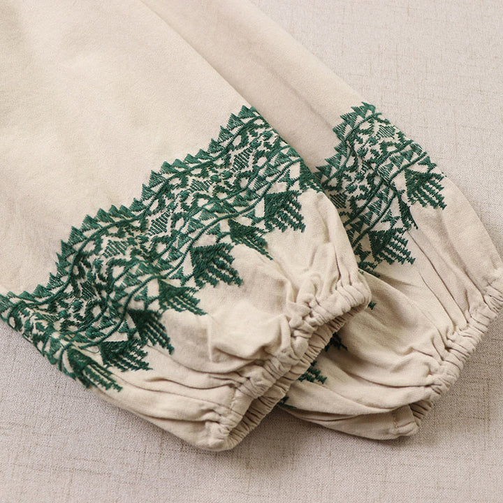 Robe mi-longue décontractée en coton et lin avec broderie géométrique artistique et boutons sur le devant, manches longues lanternes - image 17