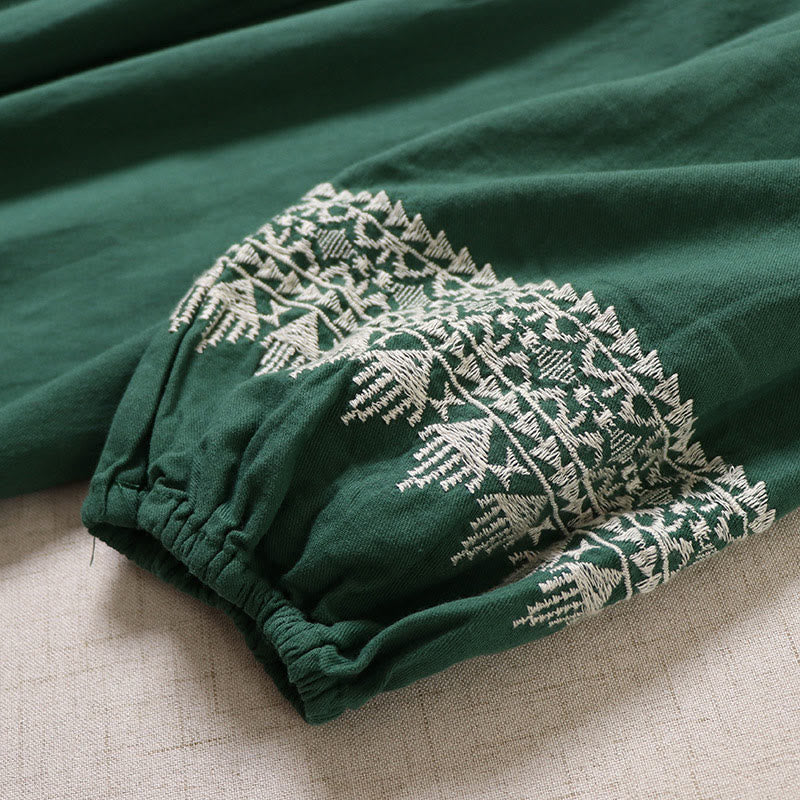 Robe mi-longue décontractée en coton et lin avec broderie géométrique artistique et boutons sur le devant, manches longues lanternes - image 5