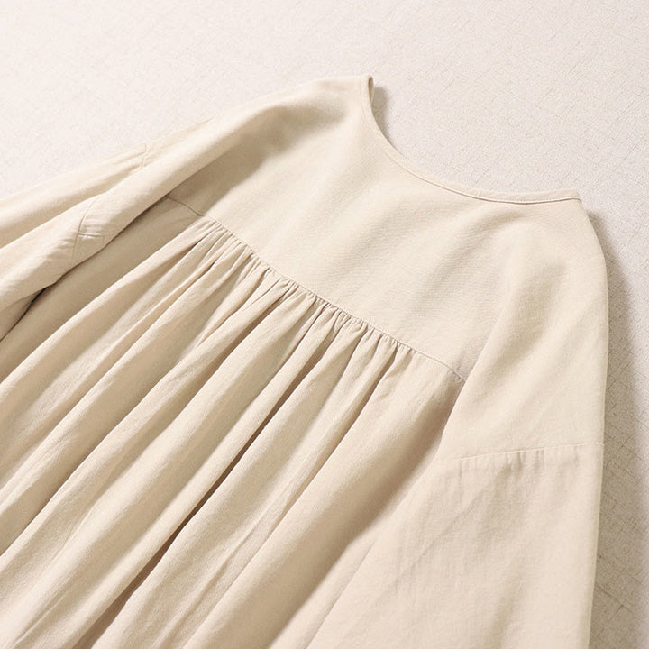 Robe mi-longue décontractée en coton et lin avec broderie géométrique artistique et boutons sur le devant, manches longues lanternes - image 12