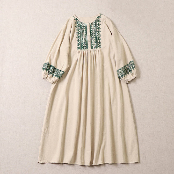 Robe midi décontractée à manches lanternes, ornée de broderies géométriques artistiques et artistiques, avec boutons sur le devant et broderies artistiques sur les Buddha Stones. - Beige - US8-10，UK/AU12-14，EU40-42 (2XL) - image 7