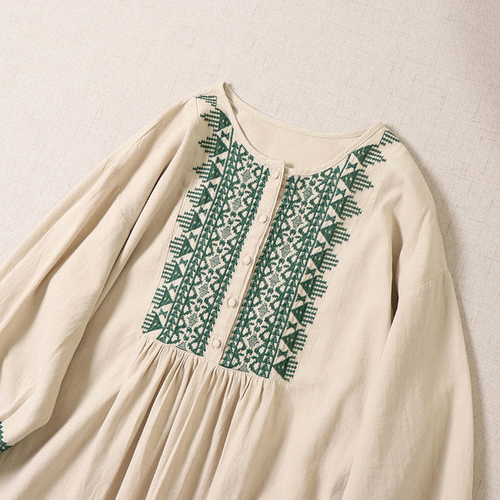 Robe mi-longue décontractée en coton et lin avec broderie géométrique artistique et boutons sur le devant, manches longues lanternes - image 9