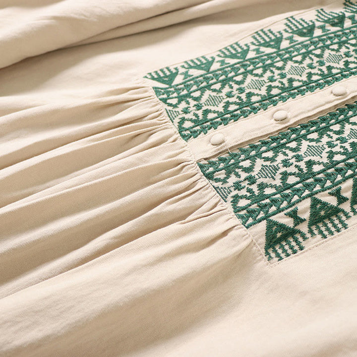 Robe mi-longue décontractée en coton et lin avec broderie géométrique artistique et boutons sur le devant, manches longues lanternes - image 16