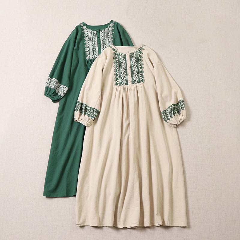 Robe mi-longue décontractée en coton et lin avec broderie géométrique artistique et boutons sur le devant, manches longues lanternes - image 19