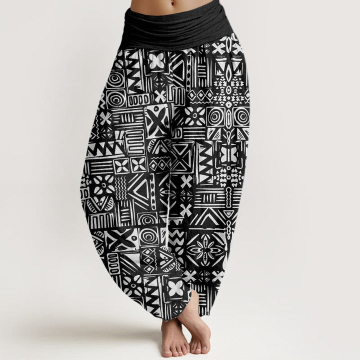 Pantalon sarouel décontracté à taille élastique pour femme, motif géométrique d'inspiration tribale, Buddha Stones - Noir - US22，UK/AU26，EU54 (6XL) - image 5