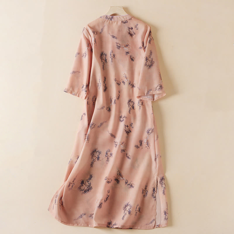 Robe mi-longue cheongsam en coton avec poches, imprimé floral vintage, boutons inclinés , col montant, manches mi-longues - image 1