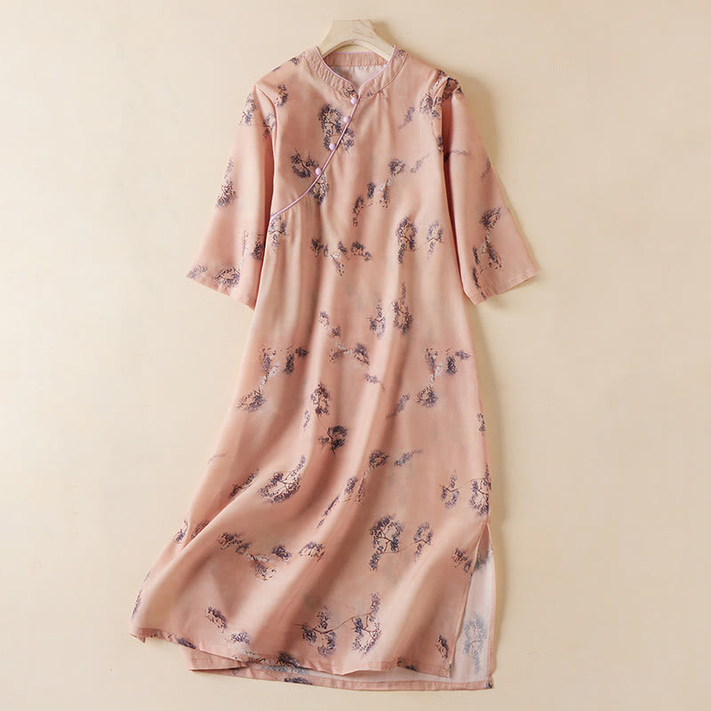 Robe mi-longue cheongsam en coton avec poches, imprimé floral vintage, boutons inclinés , col montant, manches mi-longues - Saumon foncé - US12，UK/AU16，EU44 (3XL) - image 0