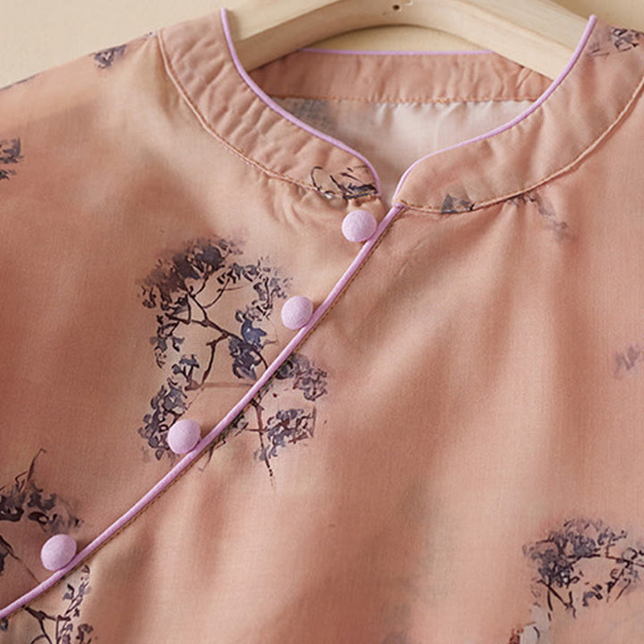 Robe mi-longue cheongsam en coton avec poches, imprimé floral vintage, boutons inclinés , col montant, manches mi-longues - image 2