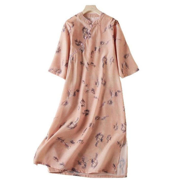 Robe mi-longue cheongsam en coton avec poches, imprimé floral vintage, boutons inclinés , col montant, manches mi-longues - image 7