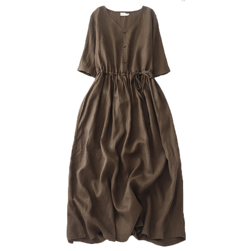 Robe mi-longue en coton et lin à manches mi-longues et poches, style vintage Buddha Stones, couleur unie, plissée, avec cordon de serrage - SaddleBrown - US8-10，UK/AU12-14，EU40-42 (2XL) - image 0