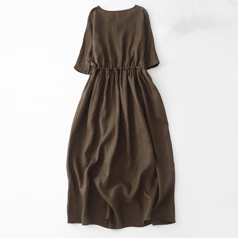 Robe mi-longue en coton et lin à manches mi-longues et poches, style vintage Buddha Stones, couleur unie, plissée, avec cordon de serrage - image 1