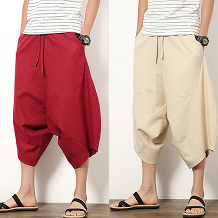 Pantalon large en coton et lin pour homme, avec poches, longueur 7-8, Buddha Stones , patchwork, simple et décontracté, avec cordon de serrage - image 26