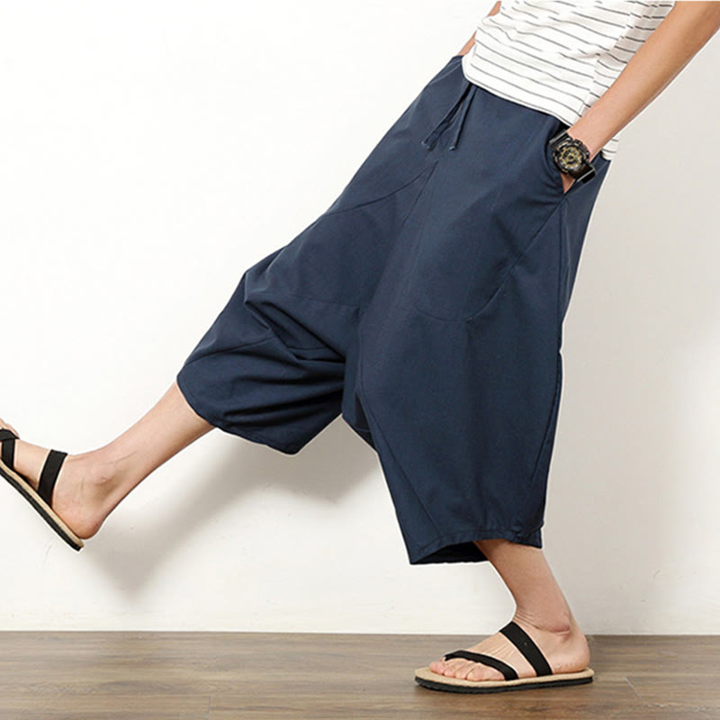 Pantalon large en coton et lin pour homme, avec poches, longueur 7-8, Buddha Stones , patchwork, simple et décontracté, avec cordon de serrage - image 2