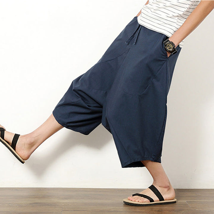 Pantalon large en coton et lin pour homme, avec poches, longueur 7-8, Buddha Stones , patchwork, simple et décontracté, avec cordon de serrage - image 2