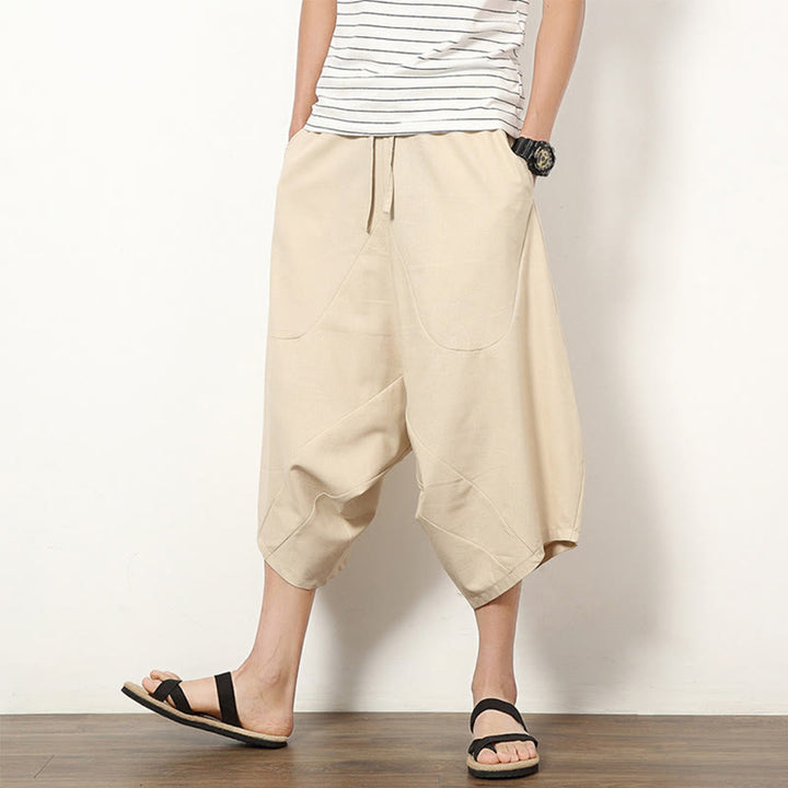 Pantalon large en coton et lin pour homme, avec poches, longueur 7-8, Buddha Stones , patchwork, simple et décontracté, avec cordon de serrage - Beige - US/UK/AU46，EU56 (5XL) - image 6
