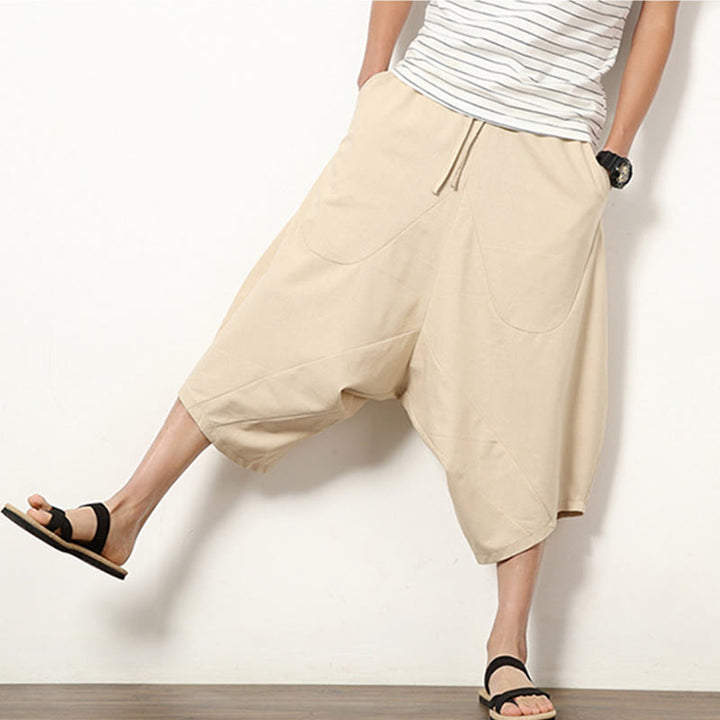 Pantalon large en coton et lin pour homme, avec poches, longueur 7-8, Buddha Stones , patchwork, simple et décontracté, avec cordon de serrage - image 8